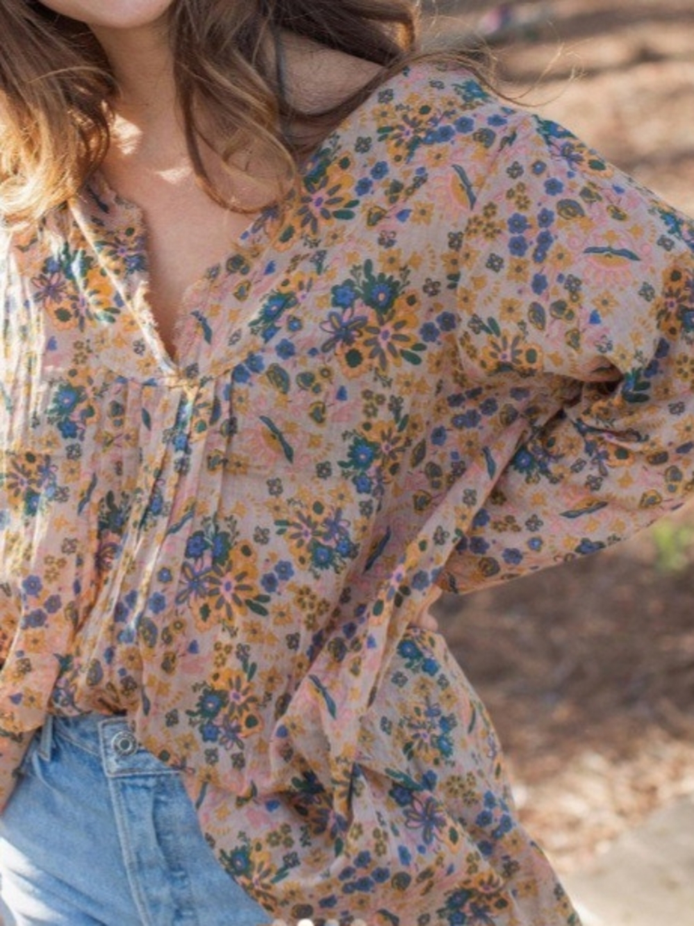 Natural Life Tunic-in-a-Bag Floral V-Neck Top Tan Colorful L/XL